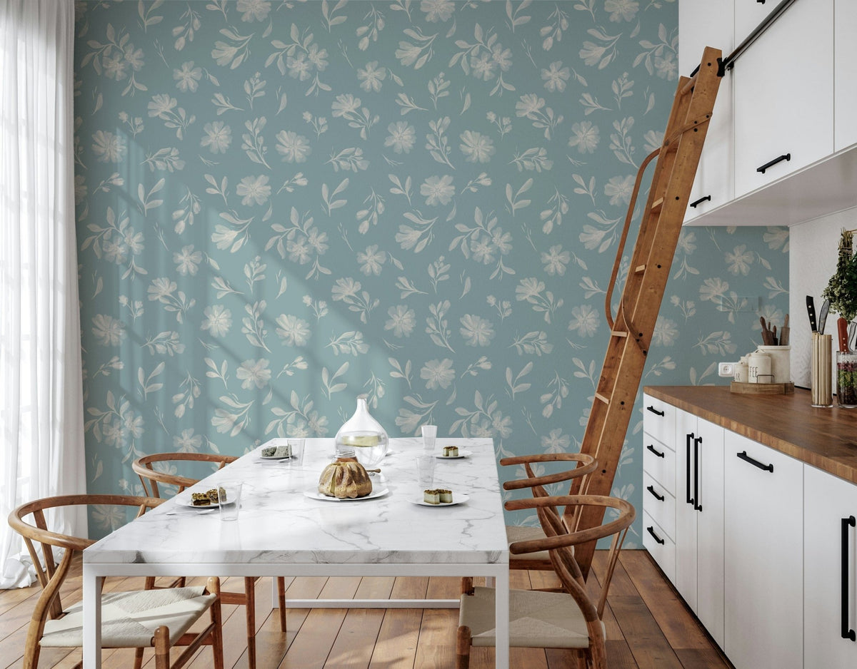 Soft Floral Whisper dusty blue wallpaper for walls.