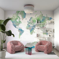 Decorative green world map with soft watercolor finish

