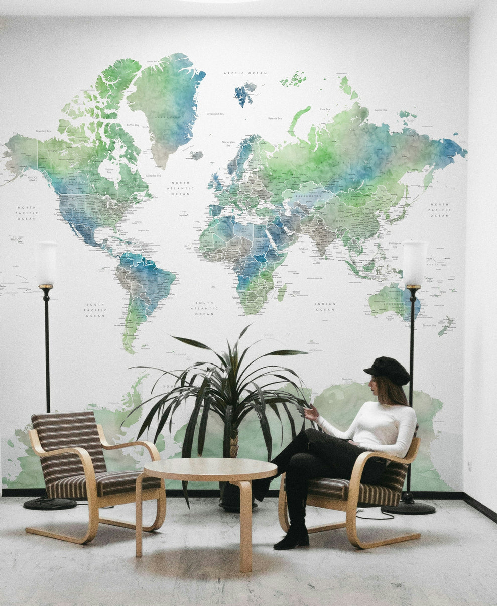Soft Green Map Wallpaper – Serene Watercolor Style
