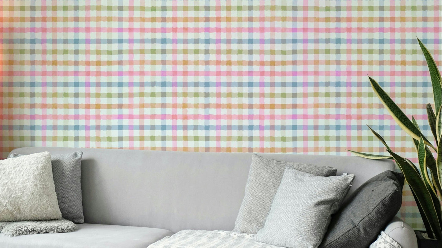 Soft Hand-Painted Pastel Gingham Plaid Checkered Wallpaper.

