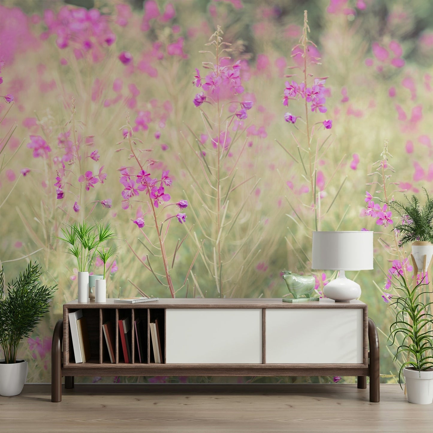 Soft pastel meadow wall mural with delicate floral details

