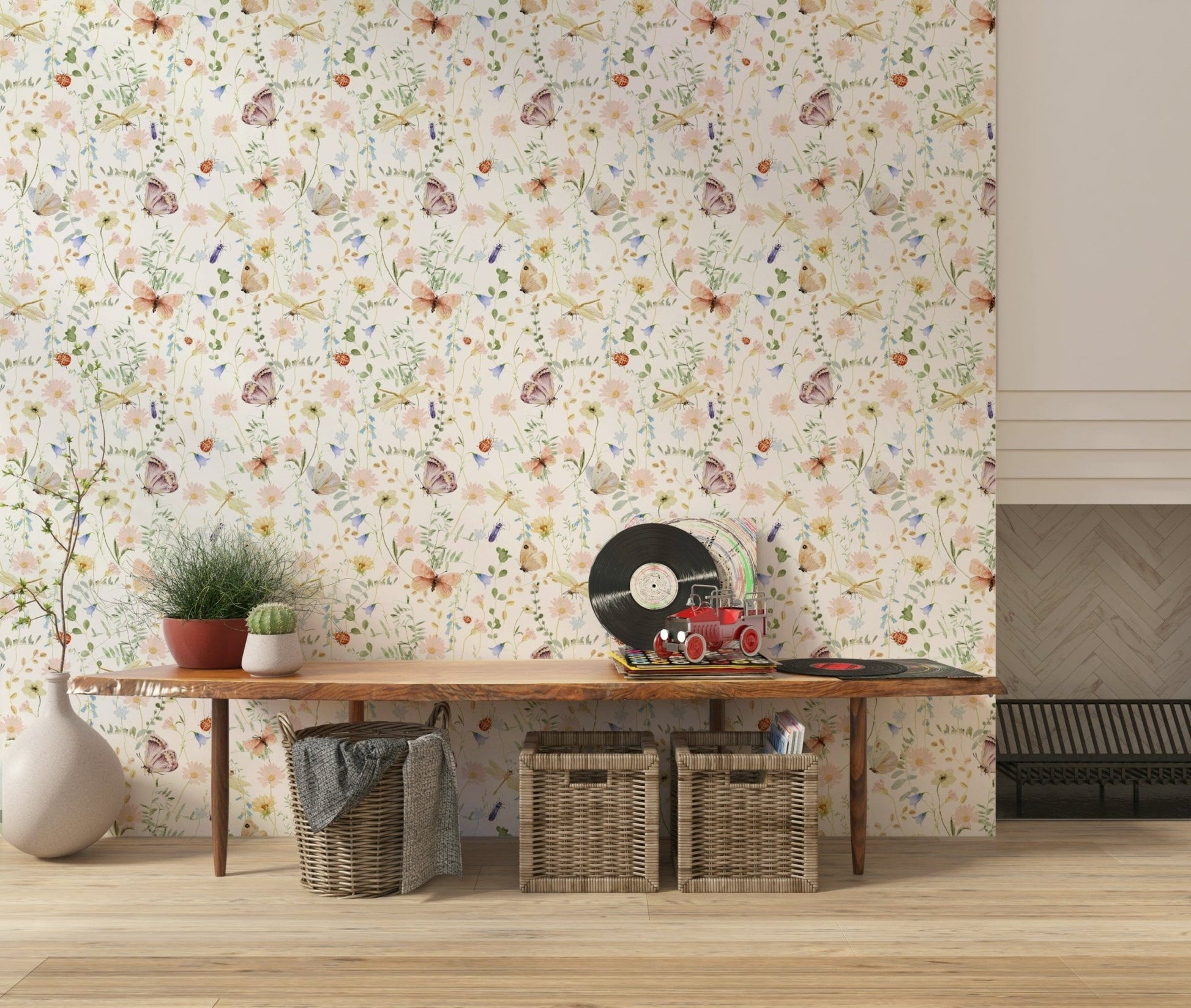 Watercolor botanical wallpaper Soft Meadow Whispers with ladybugs.