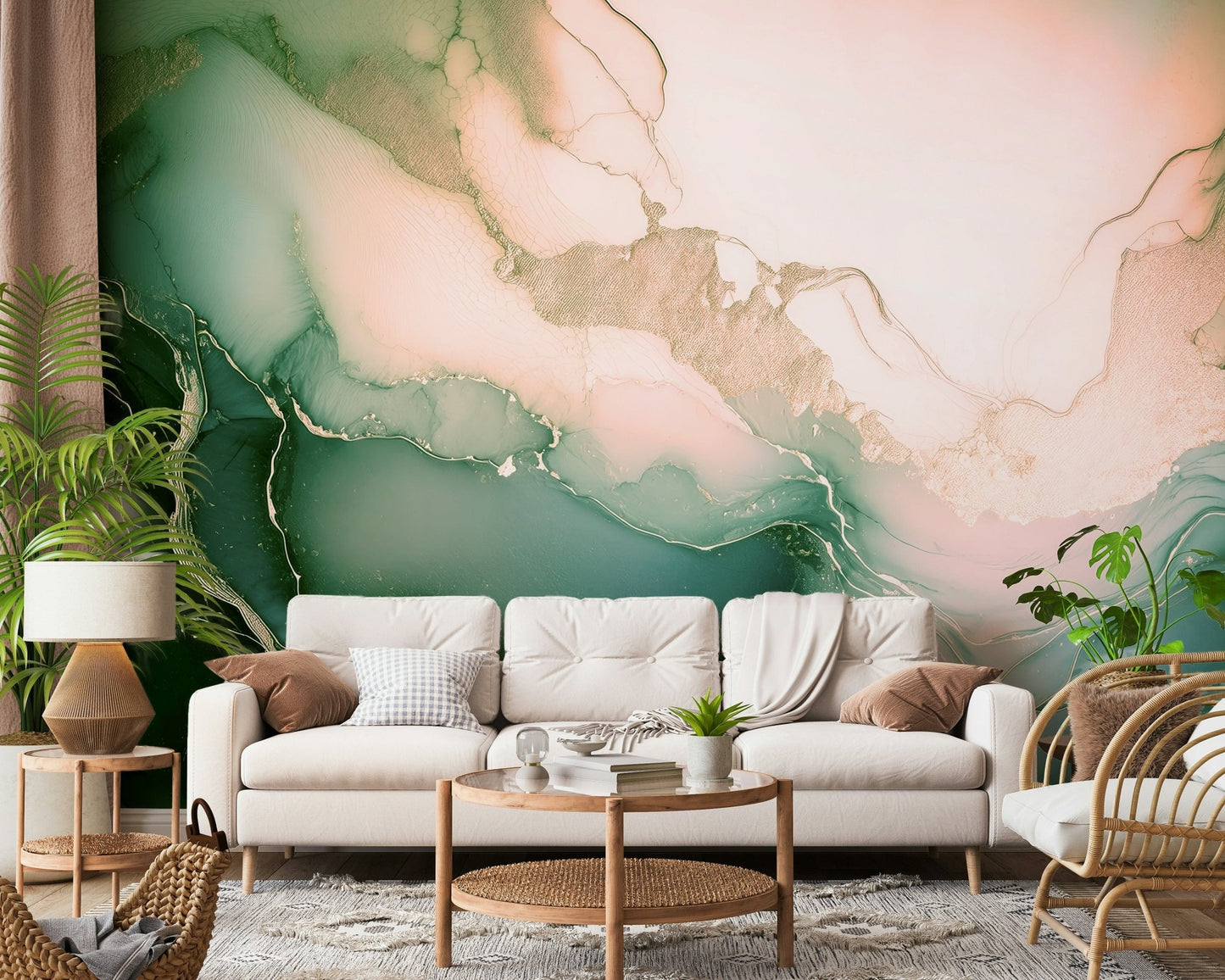 Abstract mineral-inspired mural with soft sage greens and rosy undertones for a serene atmosphere.
