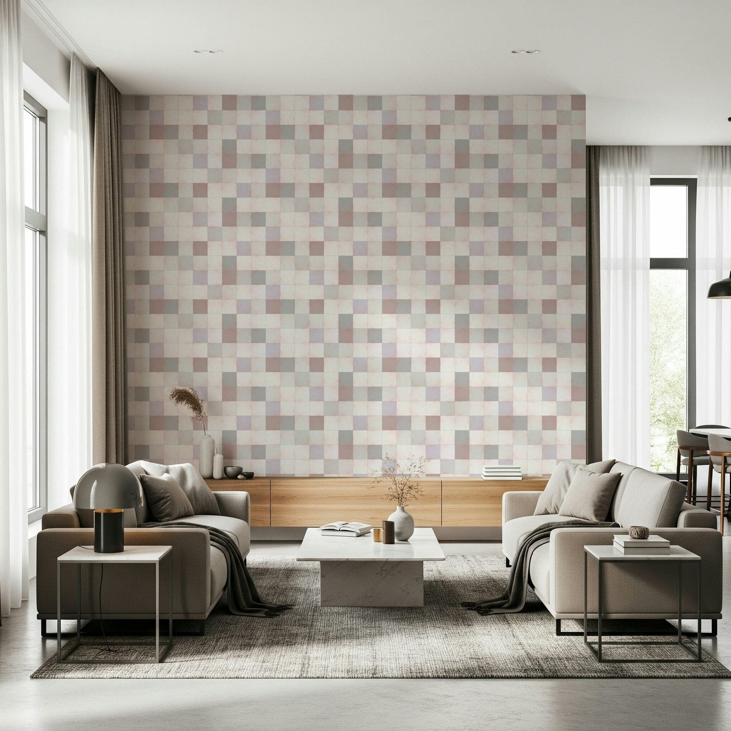 Papier peint mosaïque douce – beige rosé-gris bleu