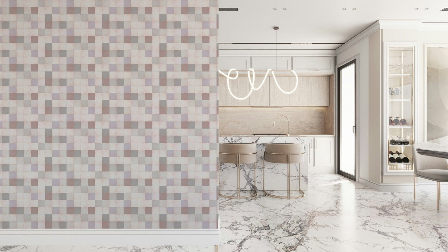 Papier peint mosaïque douce – beige rosé-gris bleu