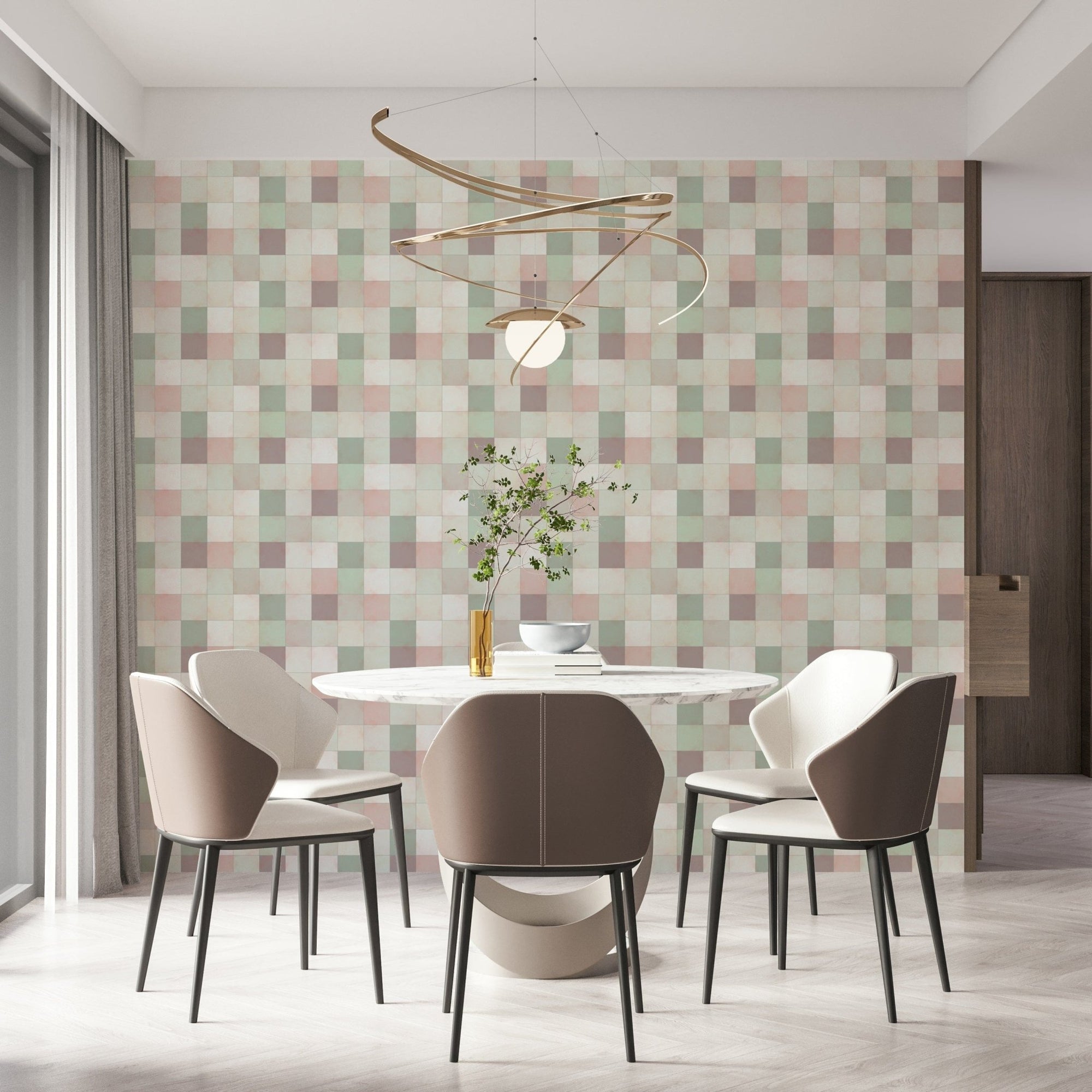 Soft Mosaic Tiles Green Sage wallpaper in a dining room with a round marble table and gold swirl light