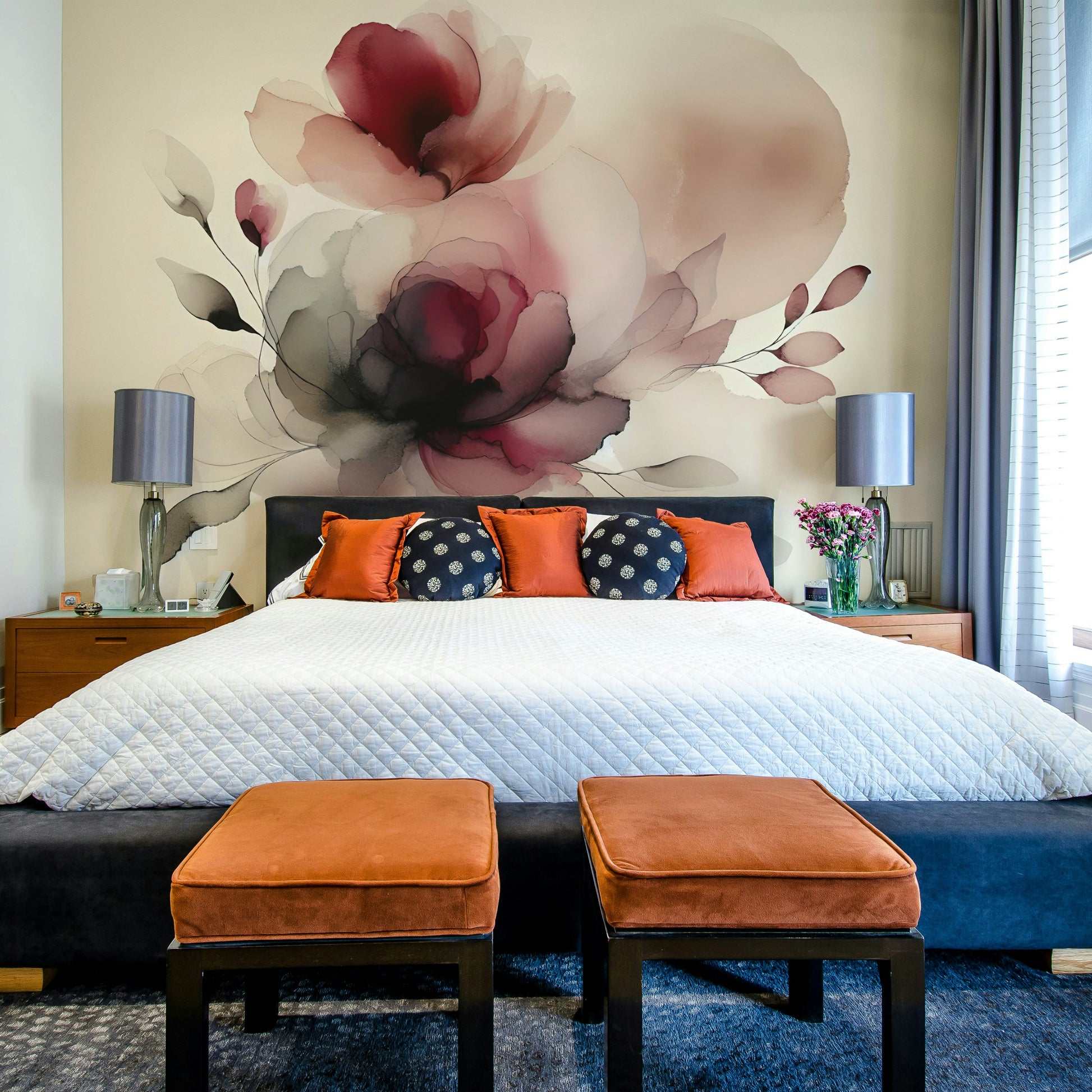 Soft Petal Dream Wall Mural behind a beige lounge chair in a contemporary space.