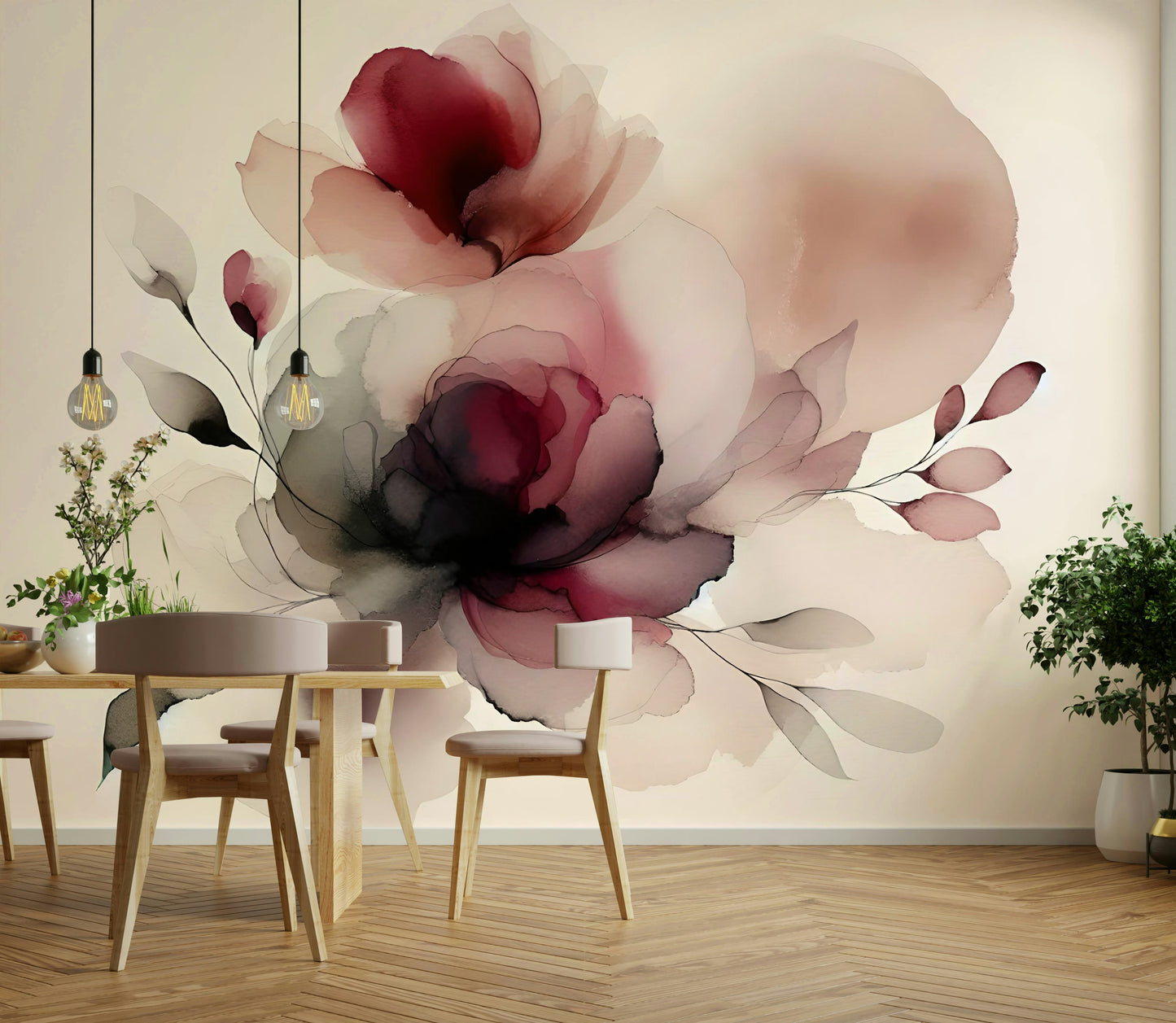 Large scale botanical mural with pastel tones for a living room feature wall.