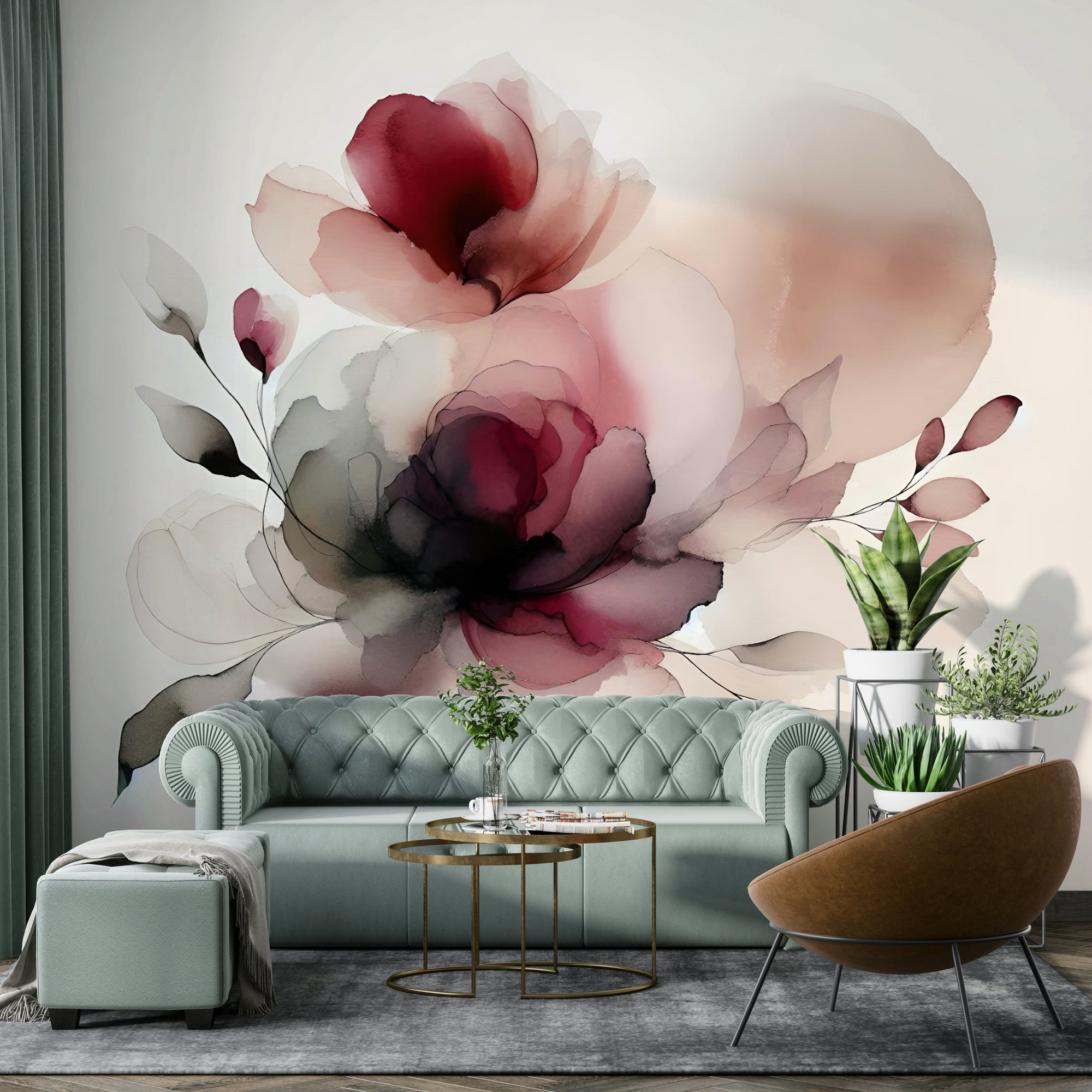 Soft Petal Dream Wall Mural with oversized watercolor blossoms in a modern apartment.
