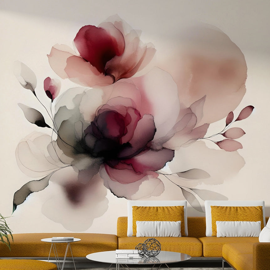 Pastel rose colored botanical mural for a primary suite wall decor.