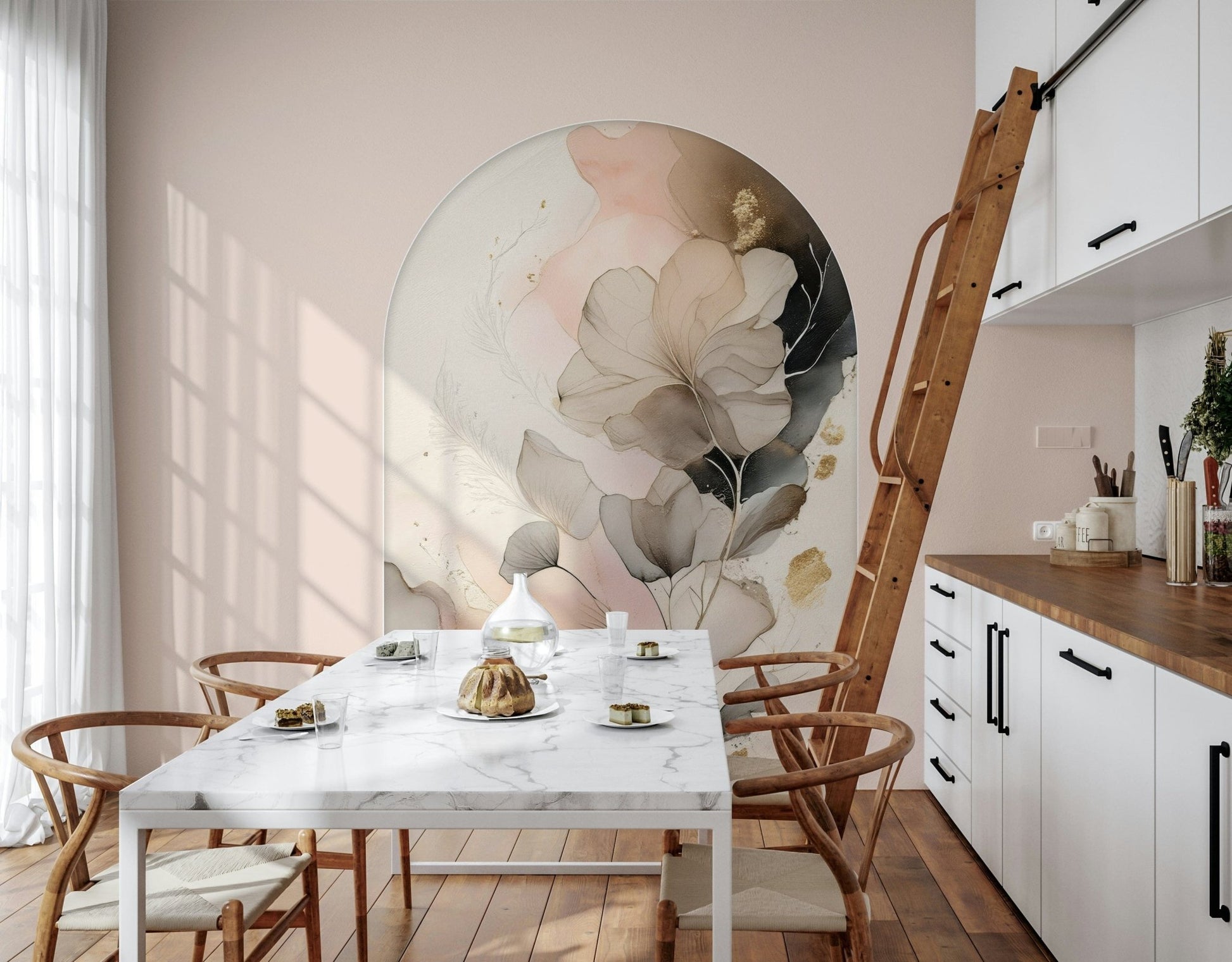 Floral-inspired wall mural in soothing shades of pink and beige for a serene, modern décor.