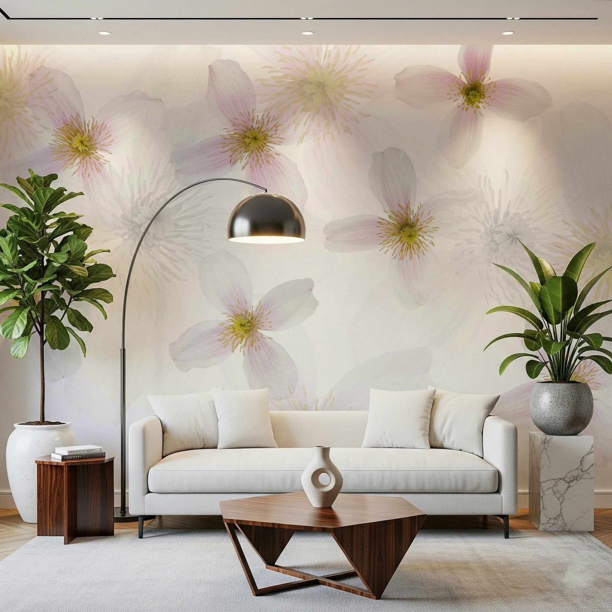 A contemplative soft bloom wallpaper mural for a feature wall.

