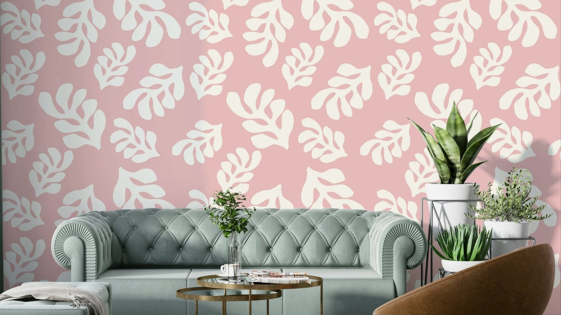 The design features various types of leaves and foliage in gentle pink shades.


