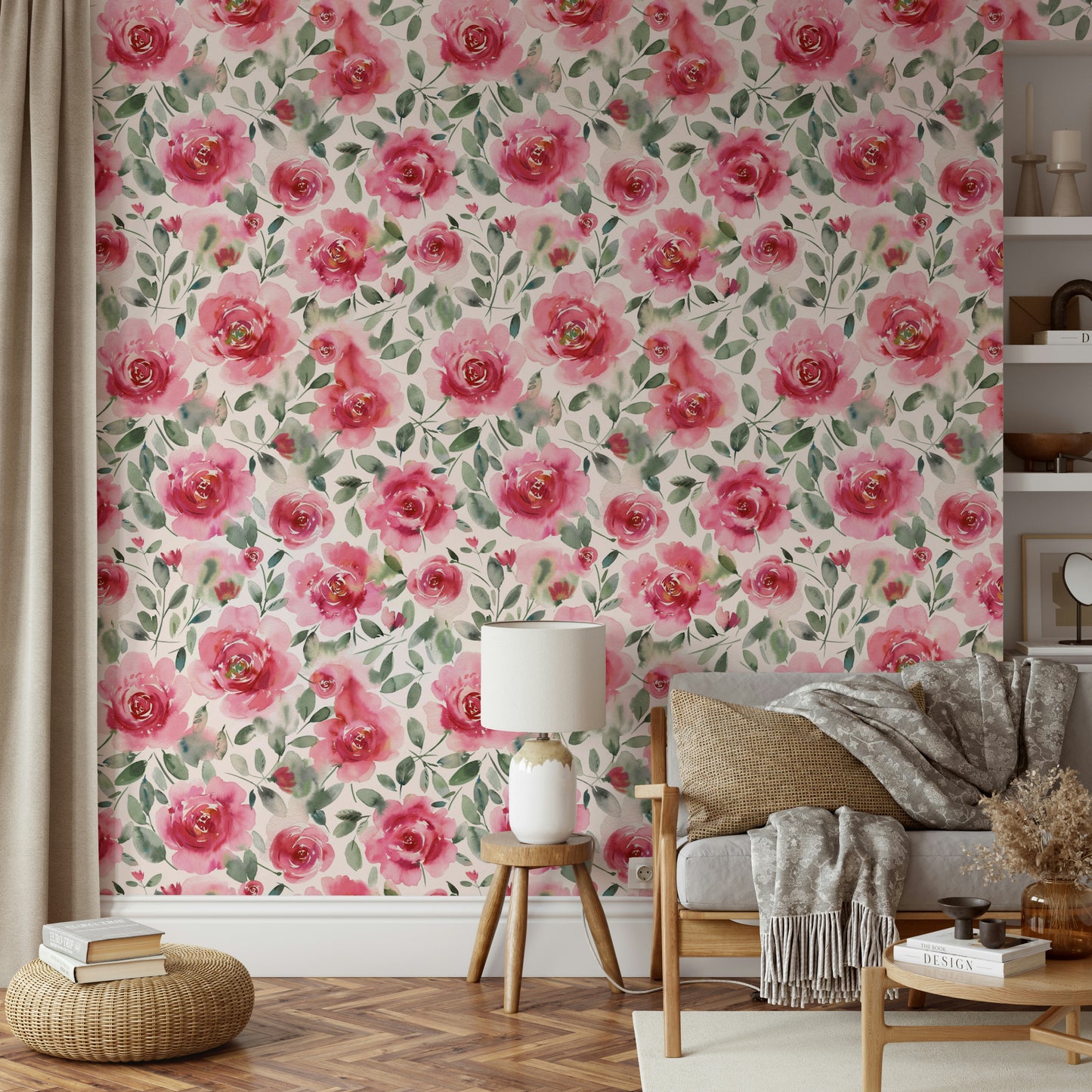Vintage-inspired wallpaper with watercolor red rose patterns.

