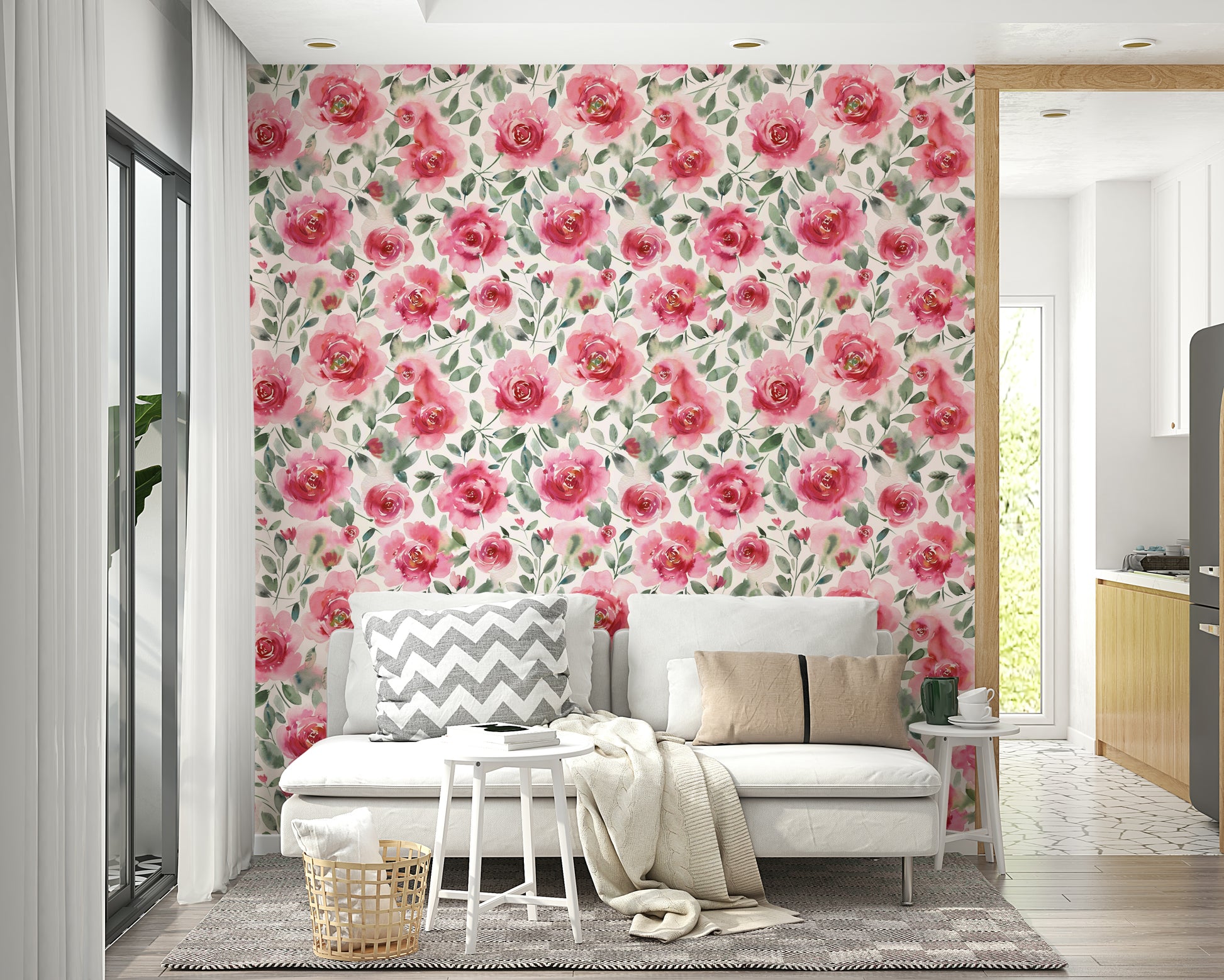 Wallpaper with gentle red roses and leafy green accents.

