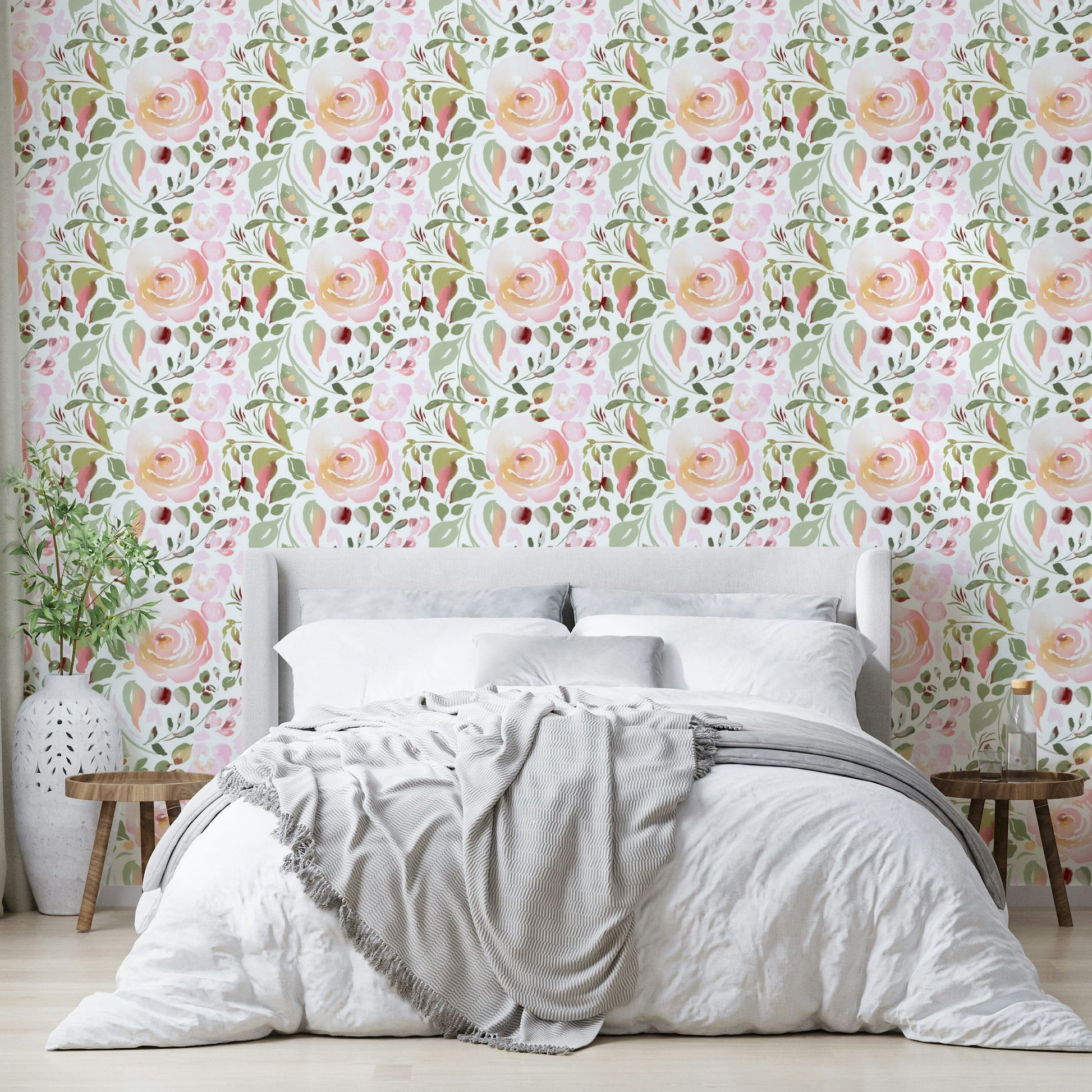 A calming rose design wallpaper mural that defines a space.

