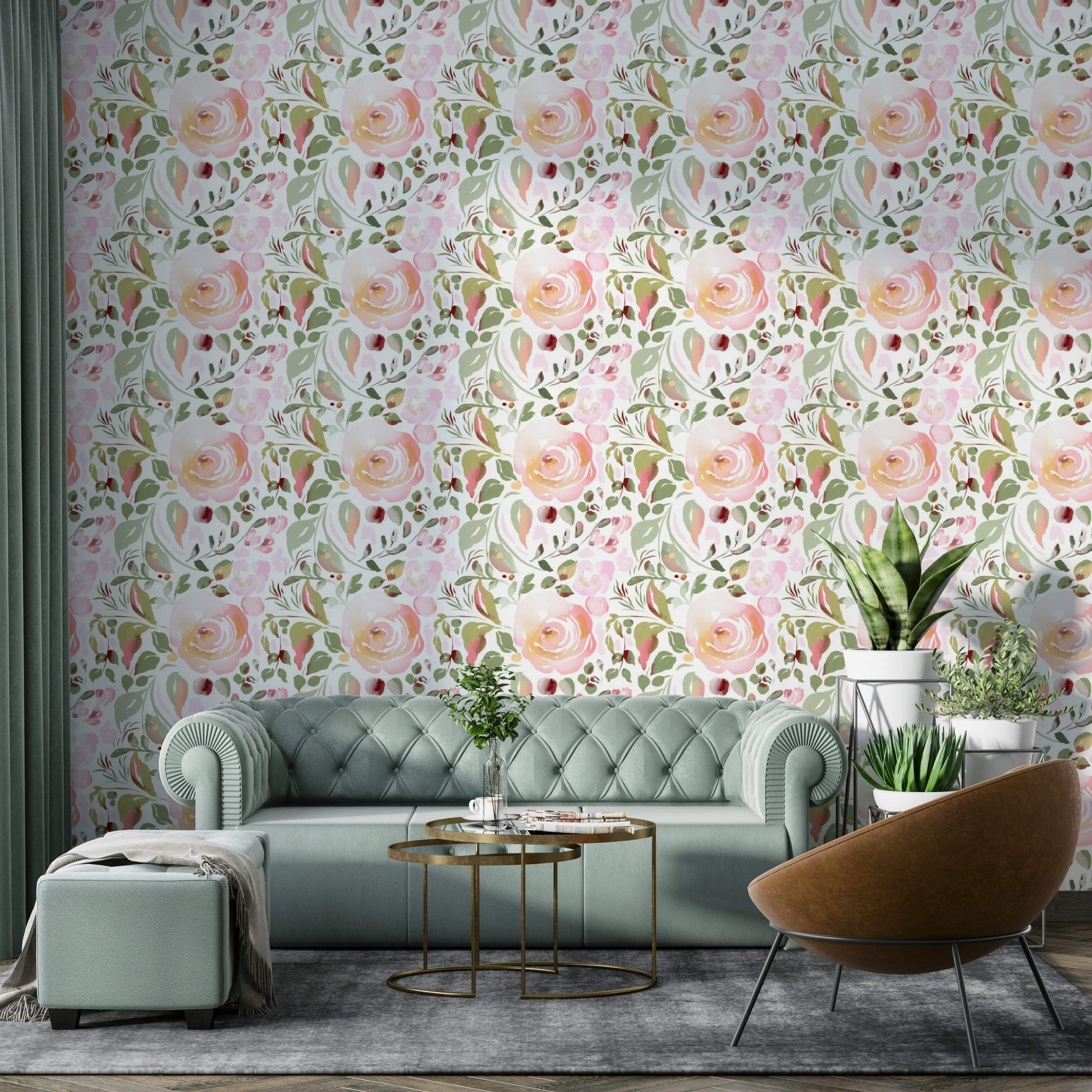 A graceful subtle bloom wall mural in soft, artistic tones.

