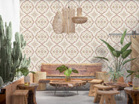 Traditional tile motifs on this sienna Mediterranean wallpaper