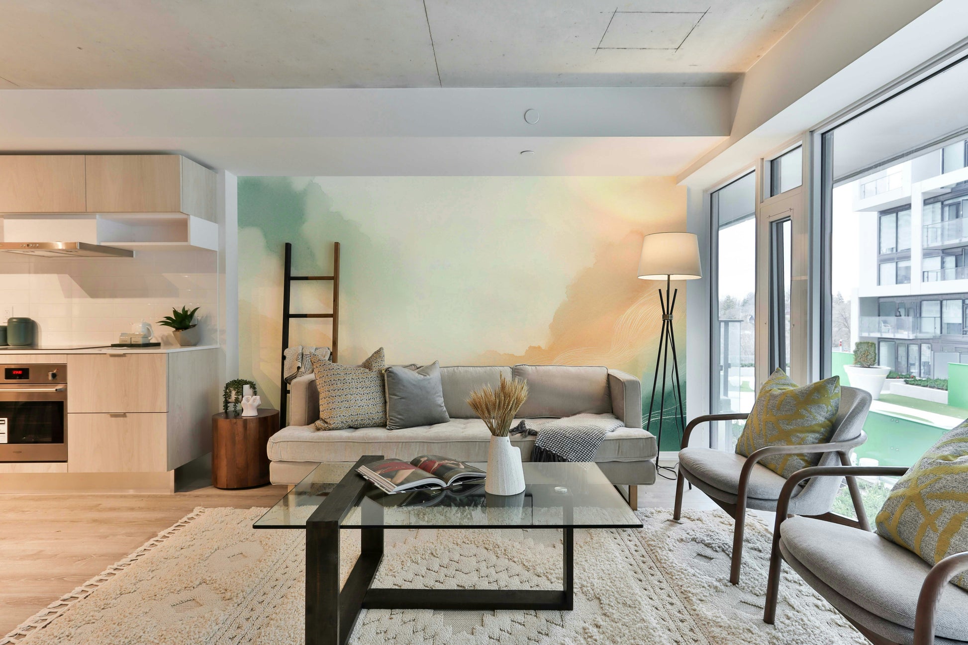 Soft Sky Dreamscape Wall Mural installed behind a bed for a serene backdrop.