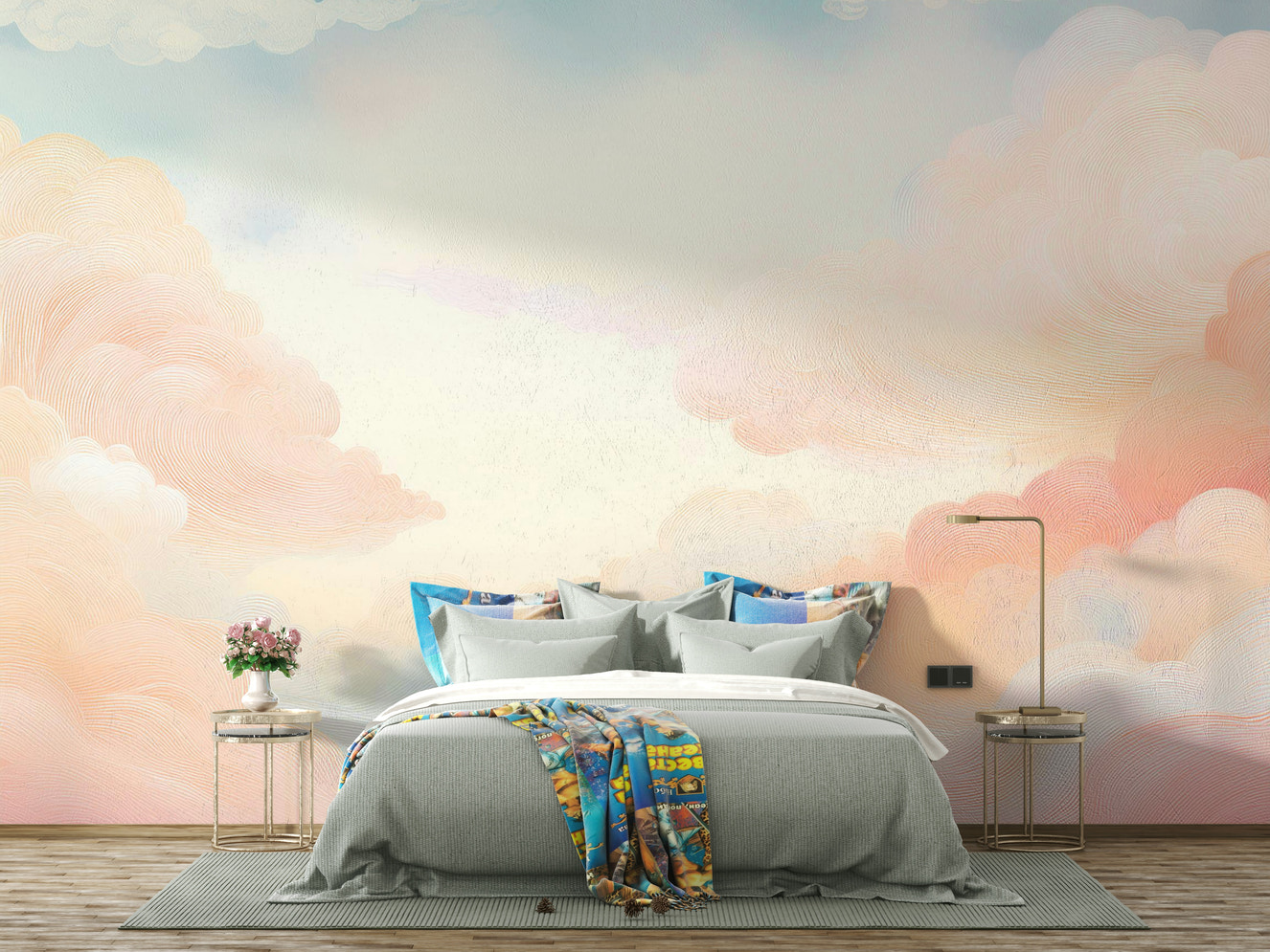 Modern apartment bedroom wall decor with a calming blue sky and white cloud design.