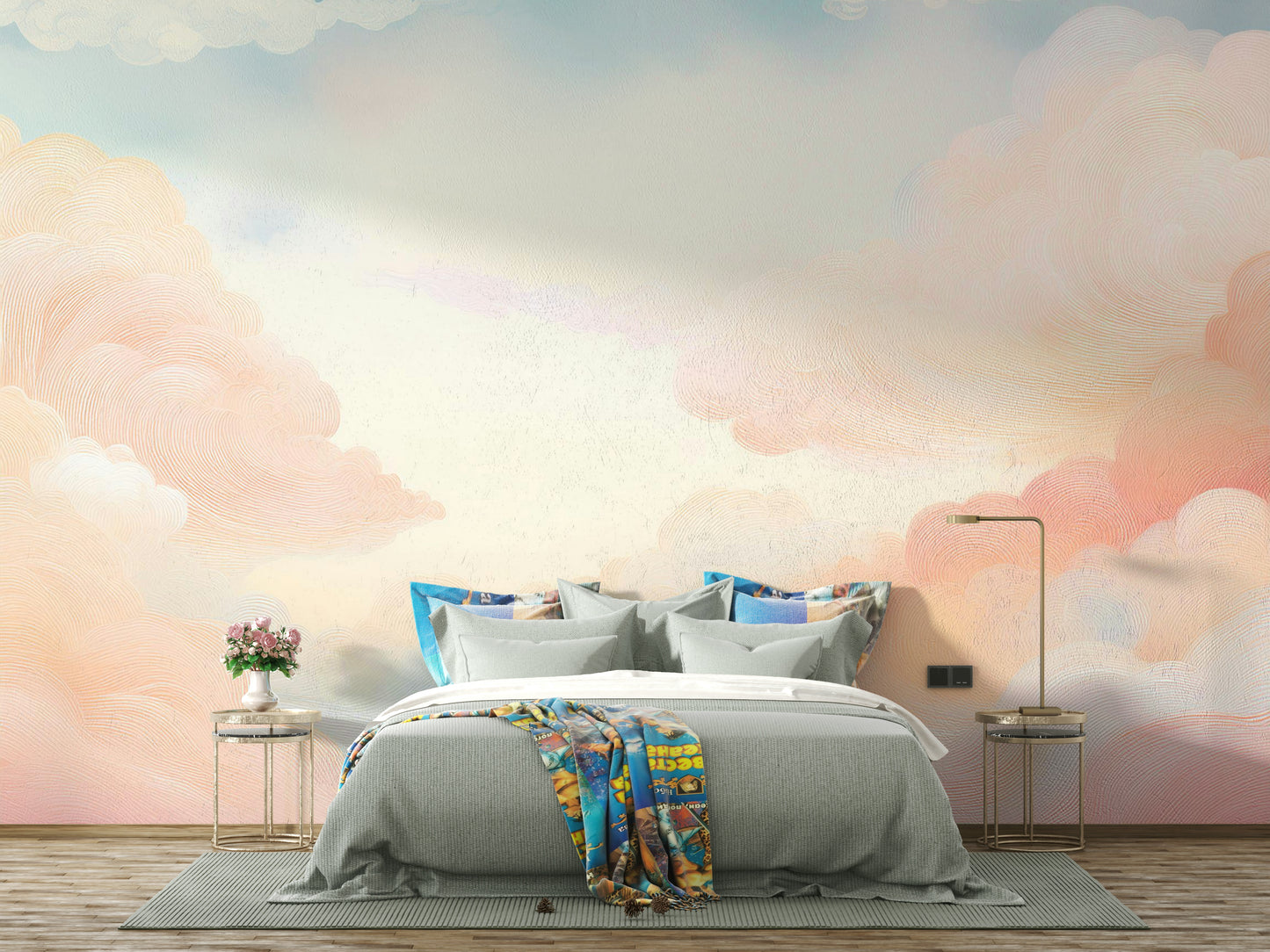 Modern apartment bedroom wall decor with a calming blue sky and white cloud design.