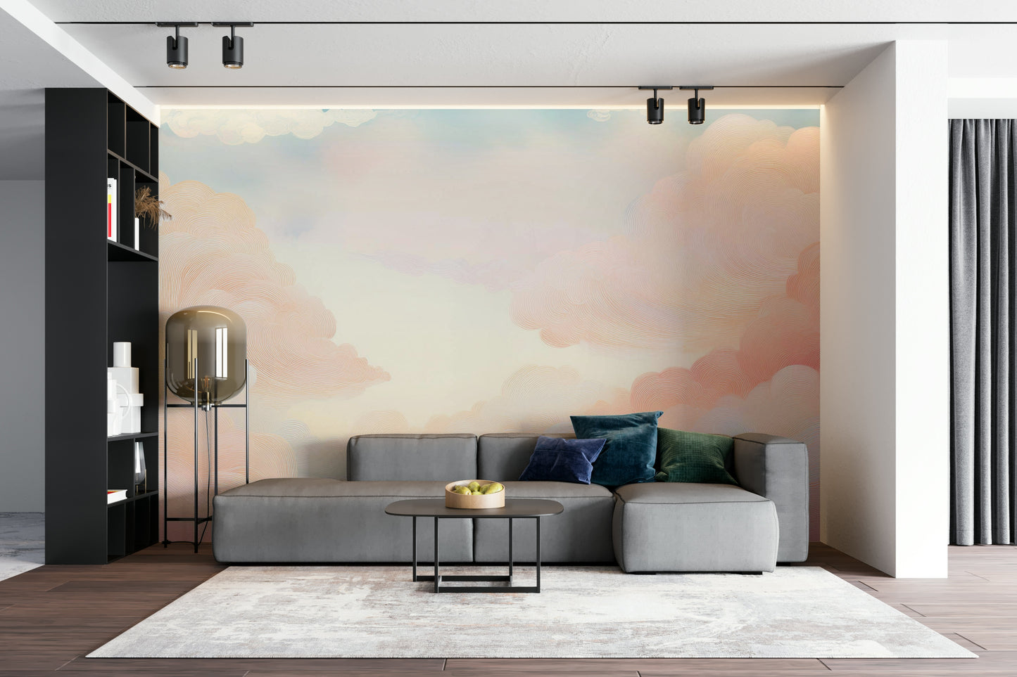 Large scale sky mural installed in a dining room with contemporary wood furniture.