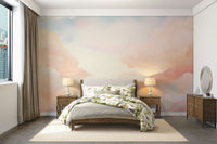 Soft Sky Serenity Wall Mural in a modern living room with gray furniture and natural light.