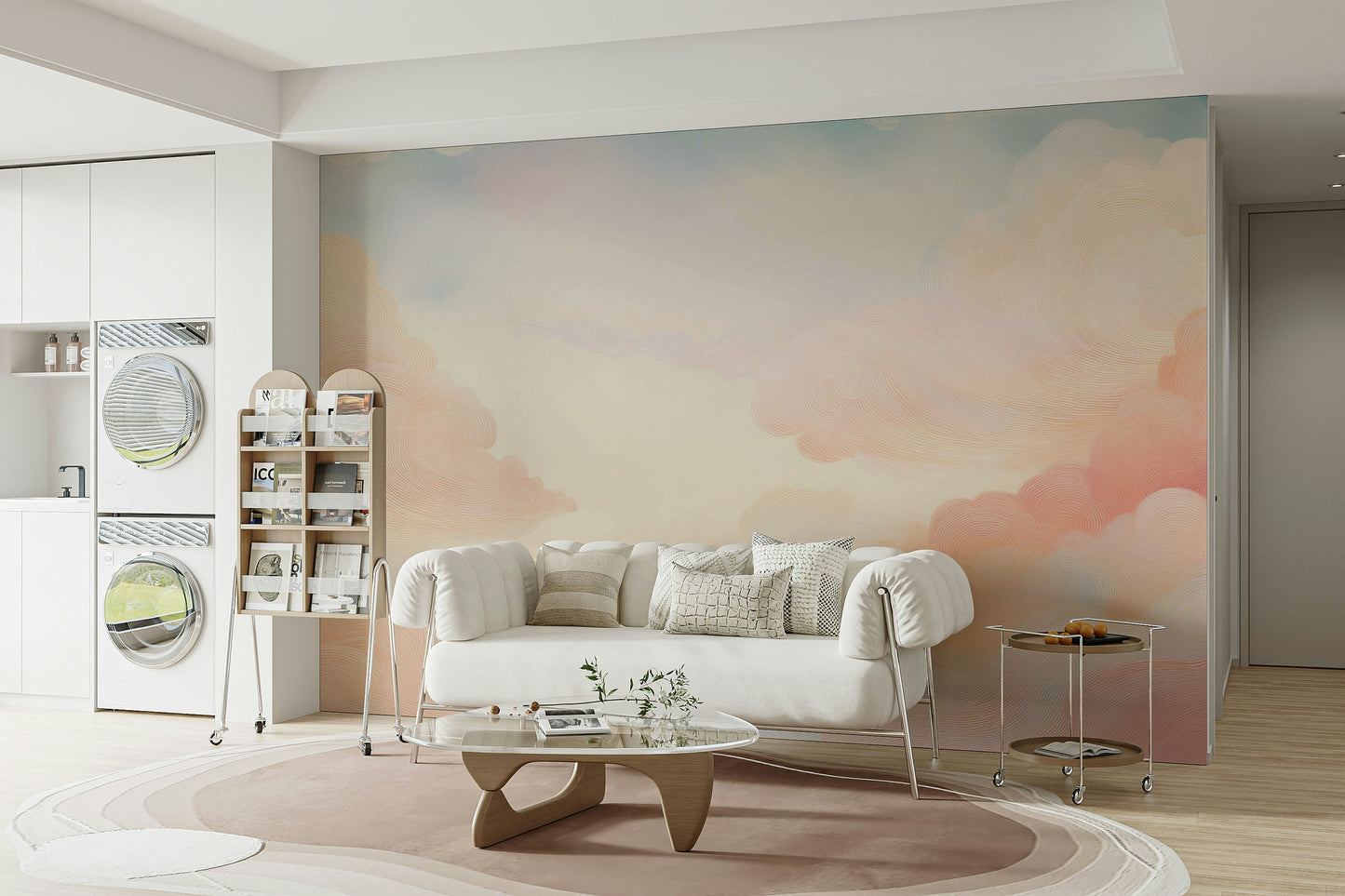 Soft Sky Serenity Wall Mural providing a clean backdrop for a minimalist studio apartment.
