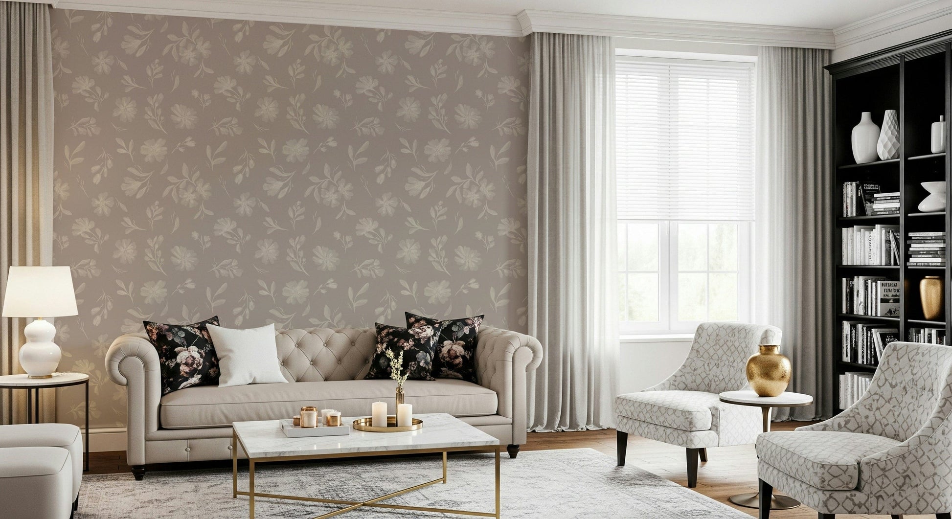 Soft Taupe Florals wallpaper mural featuring delicate cream blossoms.