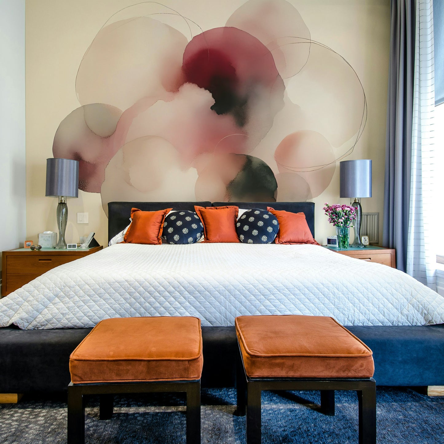 Minimalist artistic wall decor with flowing lines in a bright home office setting.