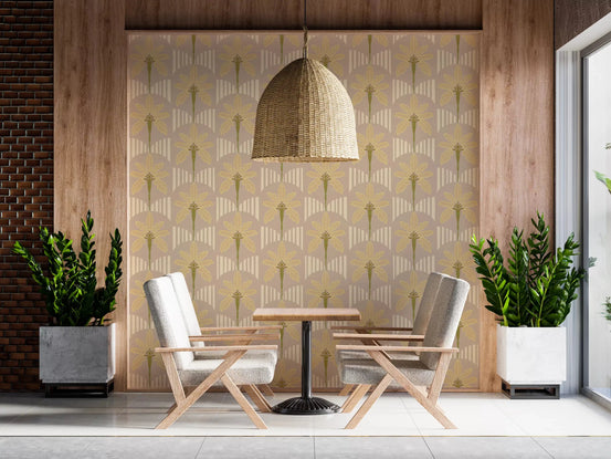 Dining room with tropical wallpaper and cream stripe arches in beige tones