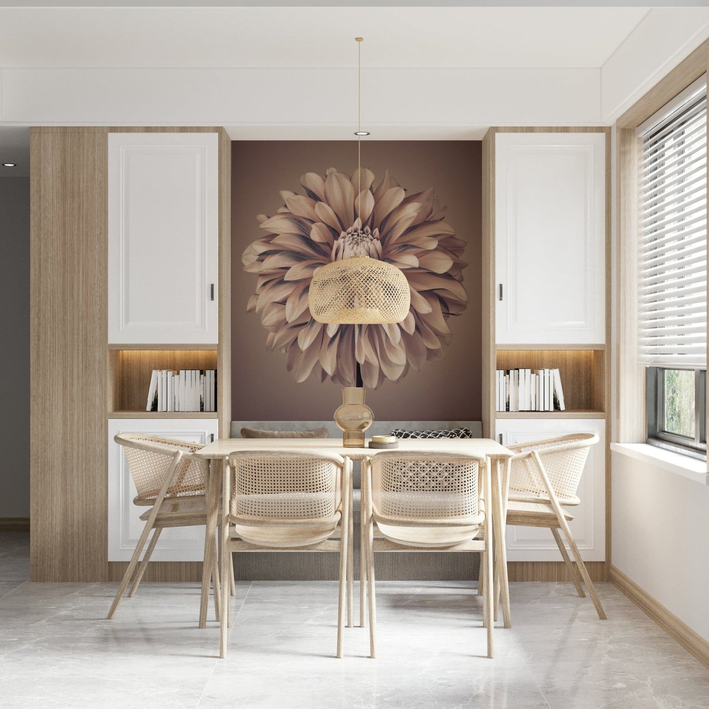 Macro nature photography mural showing intricate white petals.