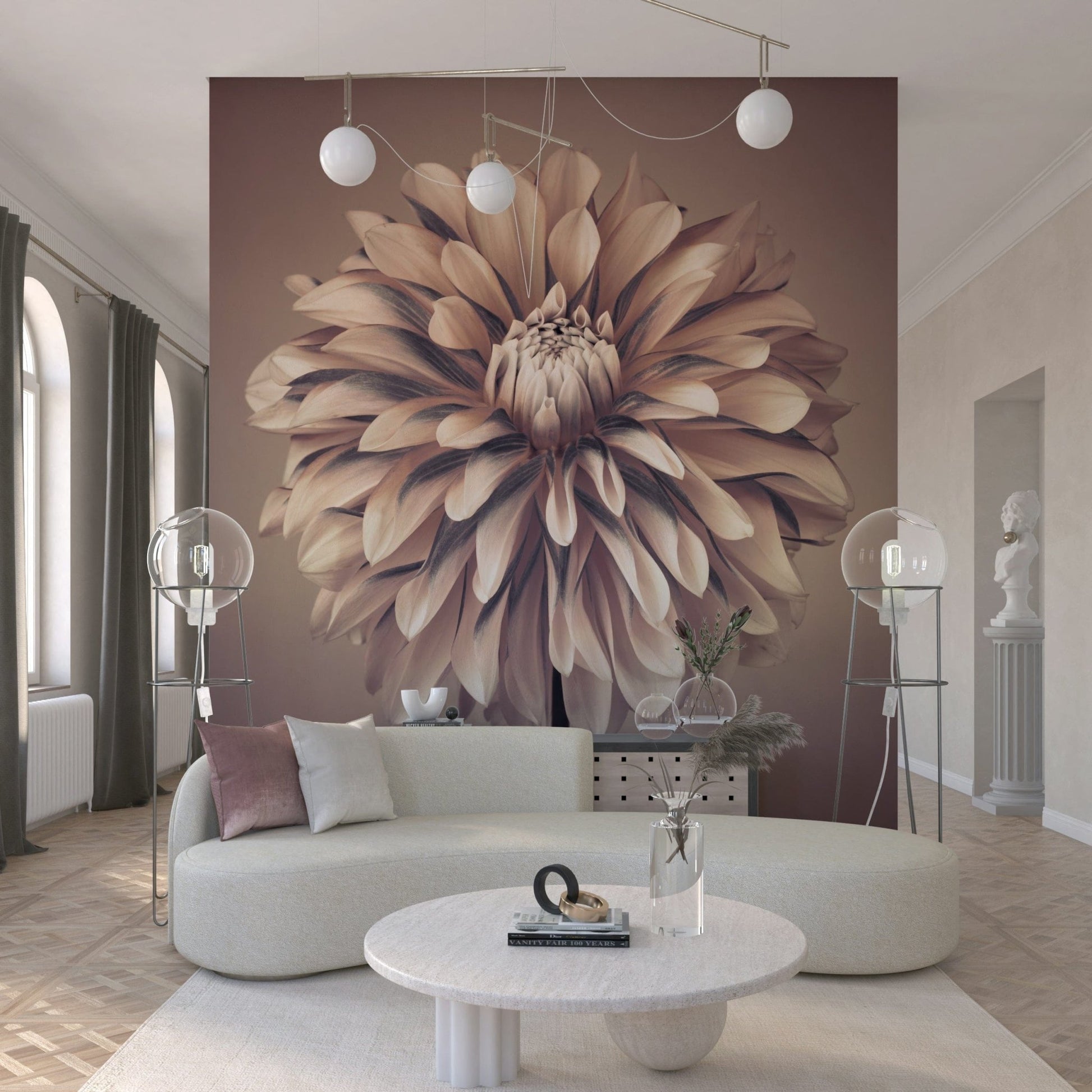 Pink and white botanical wallpaper used in a modern apartment bedroom.
