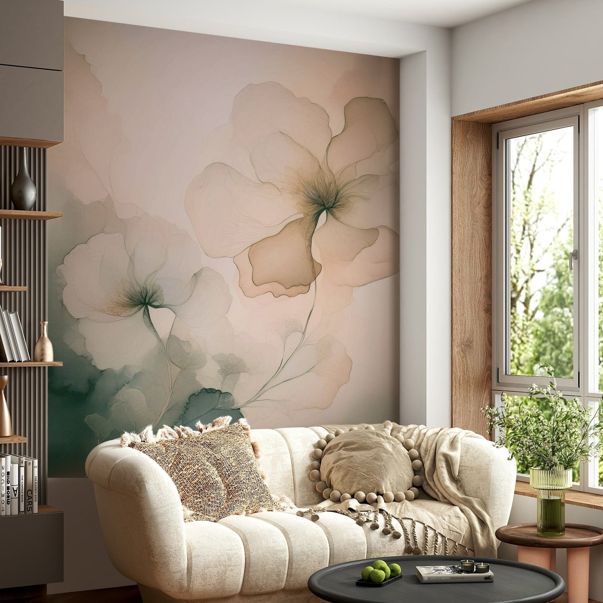 Romantic mural showcasing soft, flowing petals in airy pastels for tranquil interior décor.