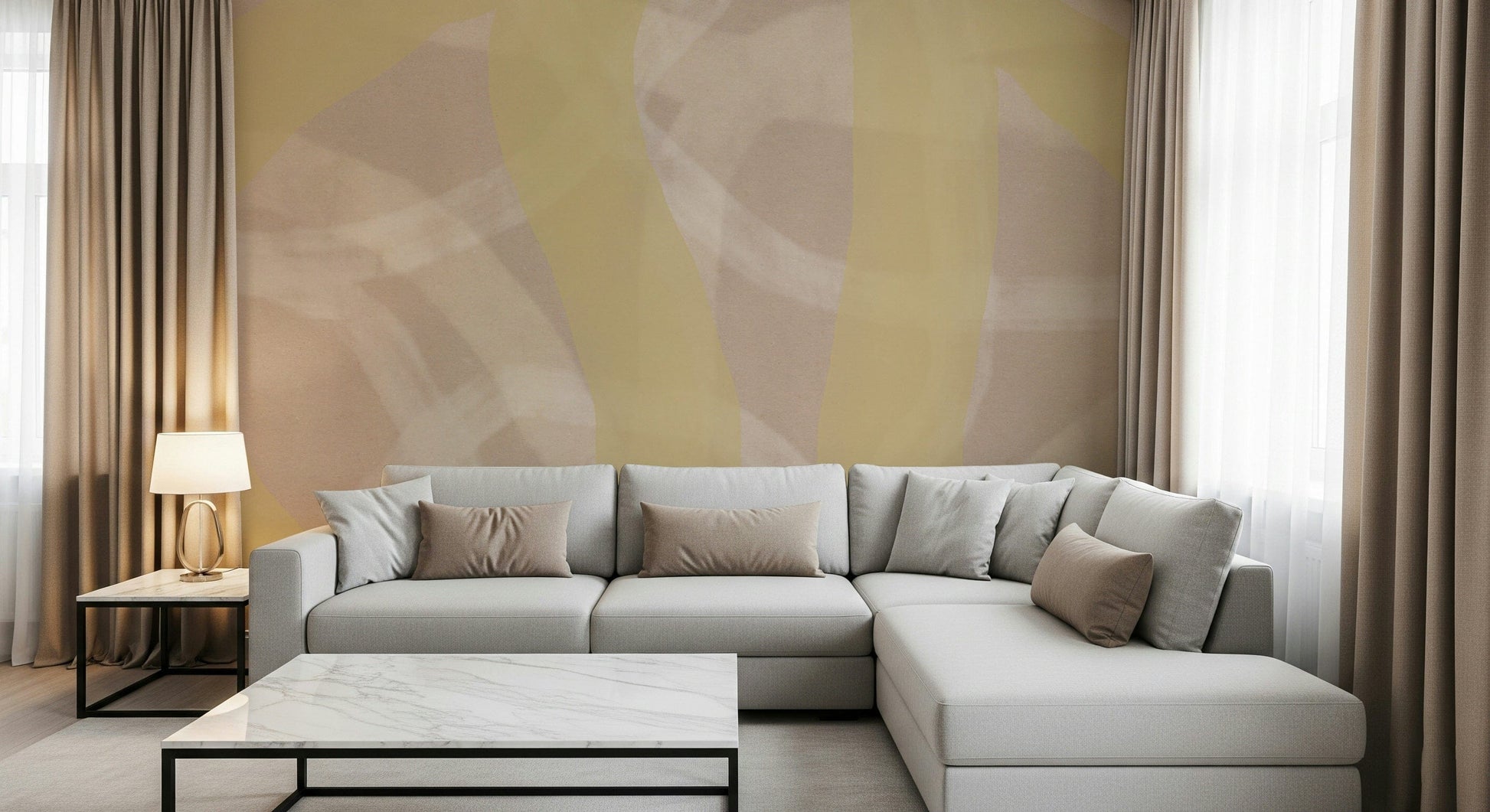 An artistic fluid line mural on minimalist wallpaper.

