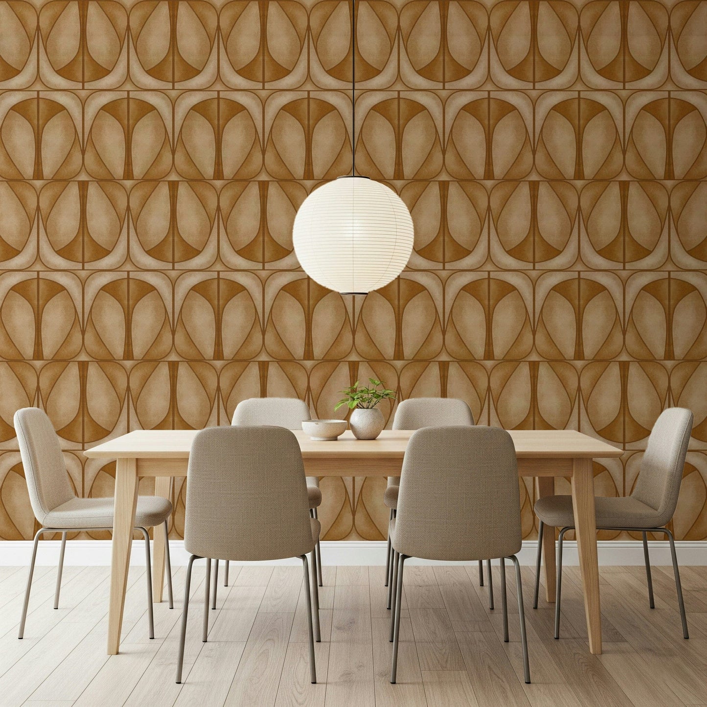 Dynamic Softy Dèco Geometries Warm Caramel mural wallpaper curved linear design.