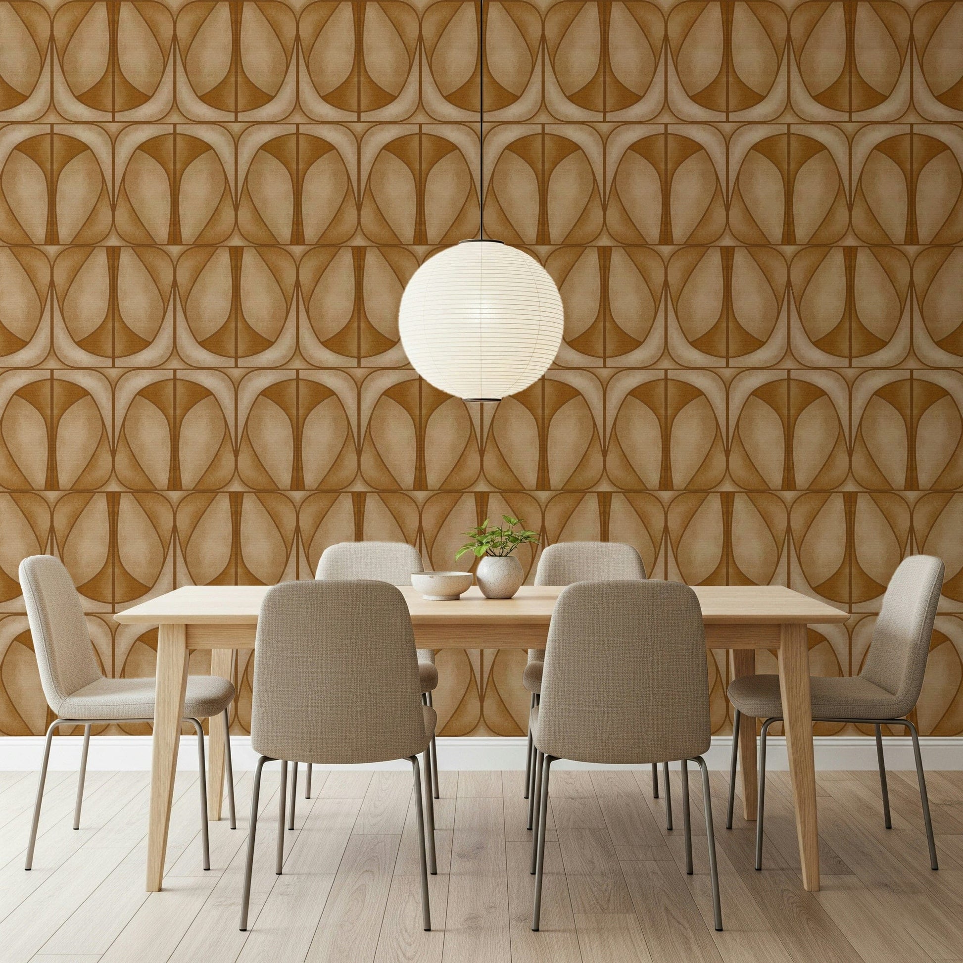Dynamic Softy Dèco Geometries Warm Caramel mural wallpaper curved linear design.