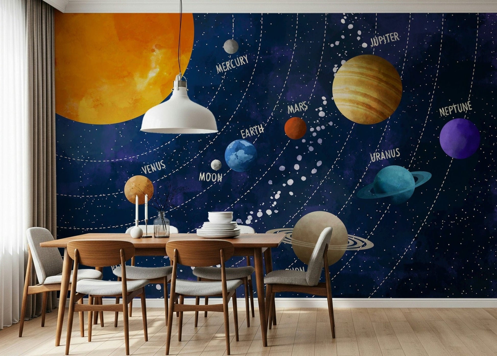 Solar System Adventure wallpaper mural of the sun and planets behind a wood dining table and grey chairs in a dining room