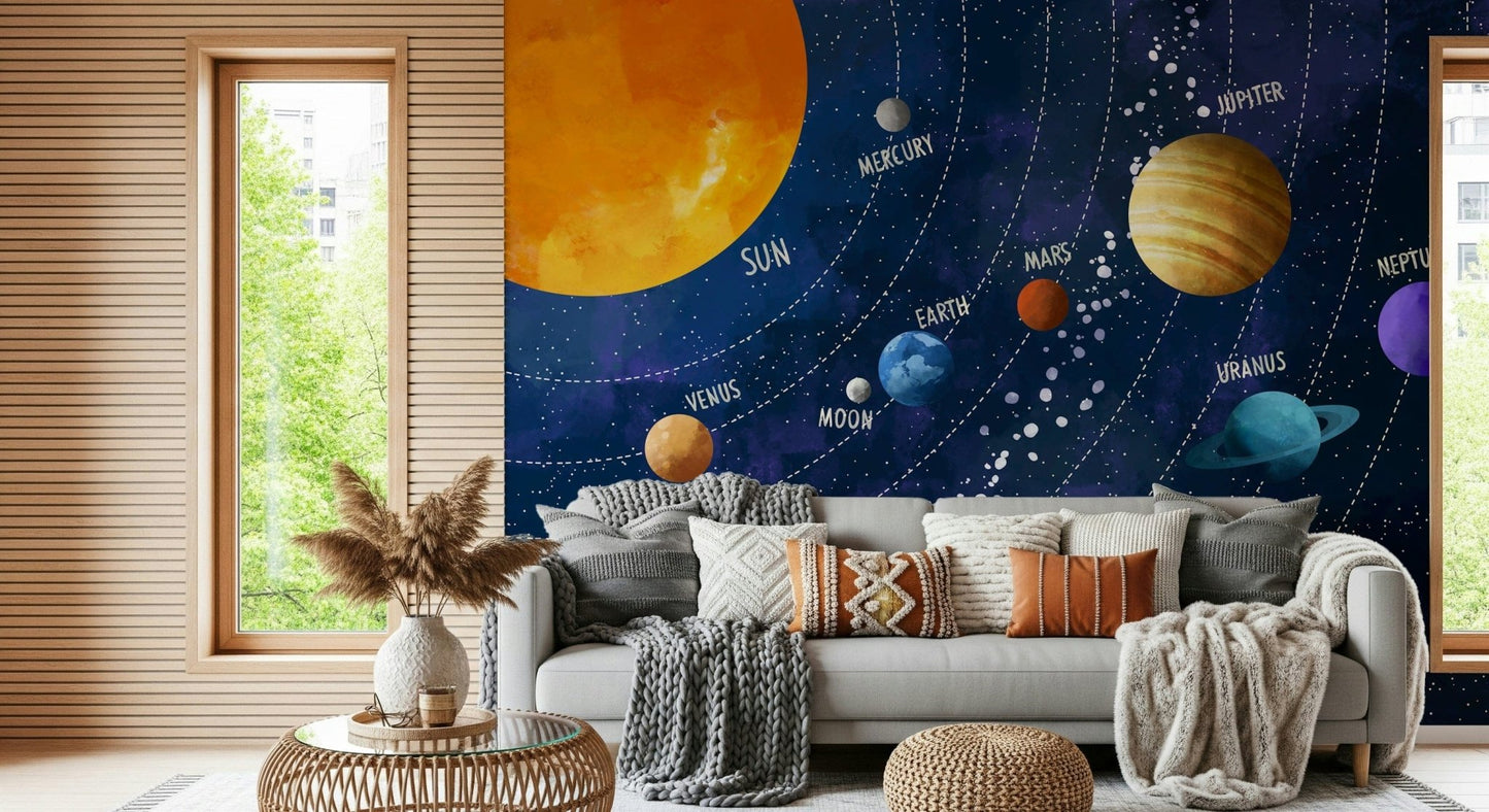 Solar System Adventure wallpaper mural of the labeled planets behind a grey sofa with a knit throw in a cozy living room