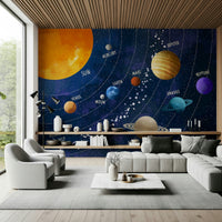 Solar System Adventure wallpaper mural of the sun and planets behind a grey sofa under a wood-slat ceiling in a living room