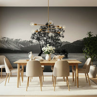Black and white mountain landscape featuring Solitary Woodland wall mural design.