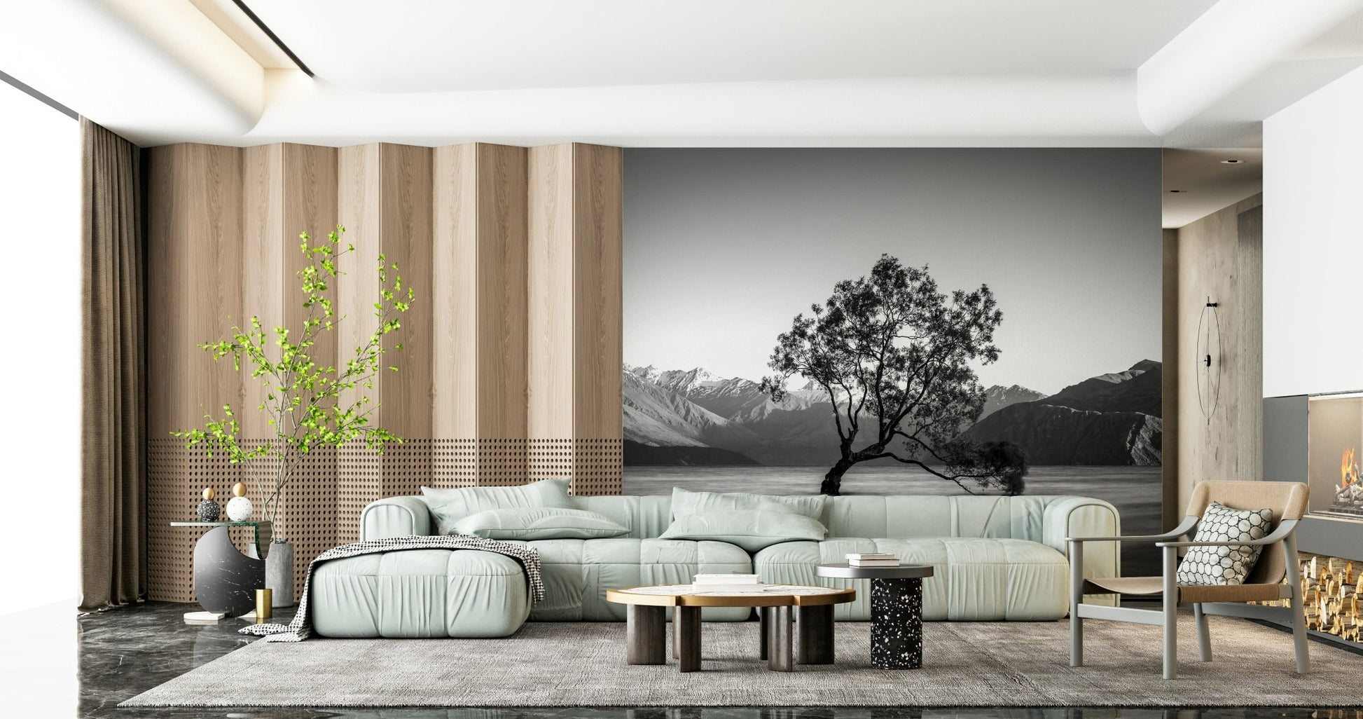 Smooth long exposure water texture in Solitary Woodland wallpaper for bedroom.