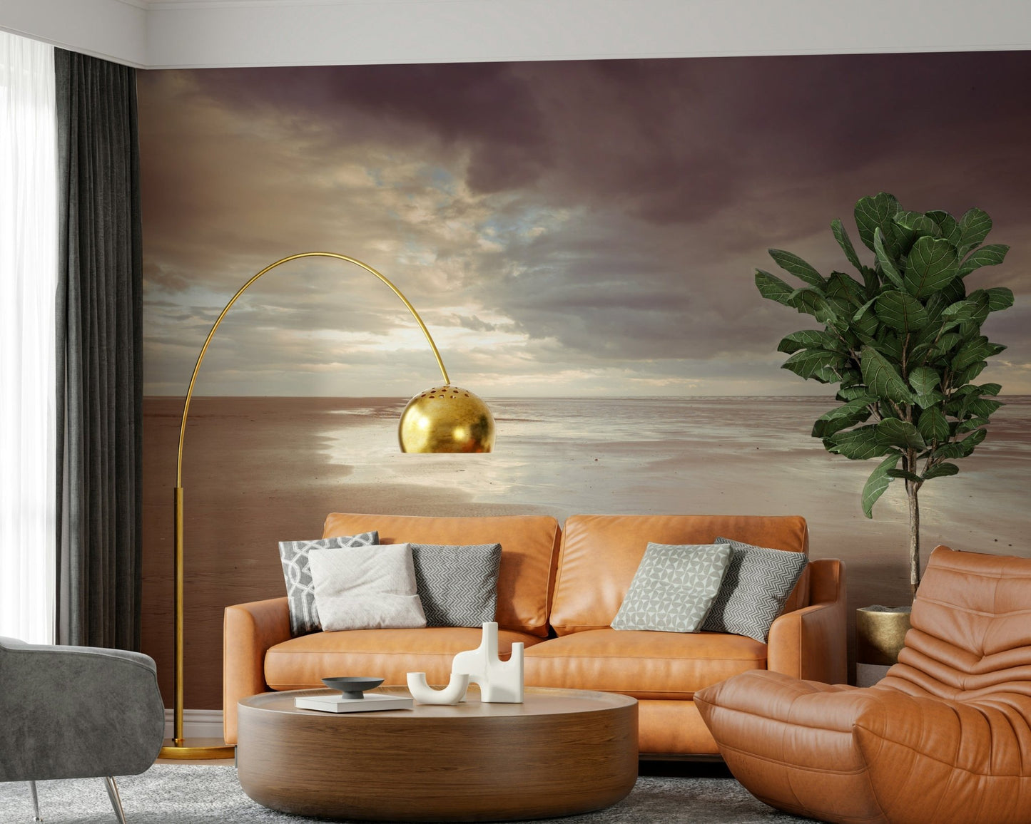 Reflective wet ground texture in Soothing Seashore wallpaper for spatial illusion