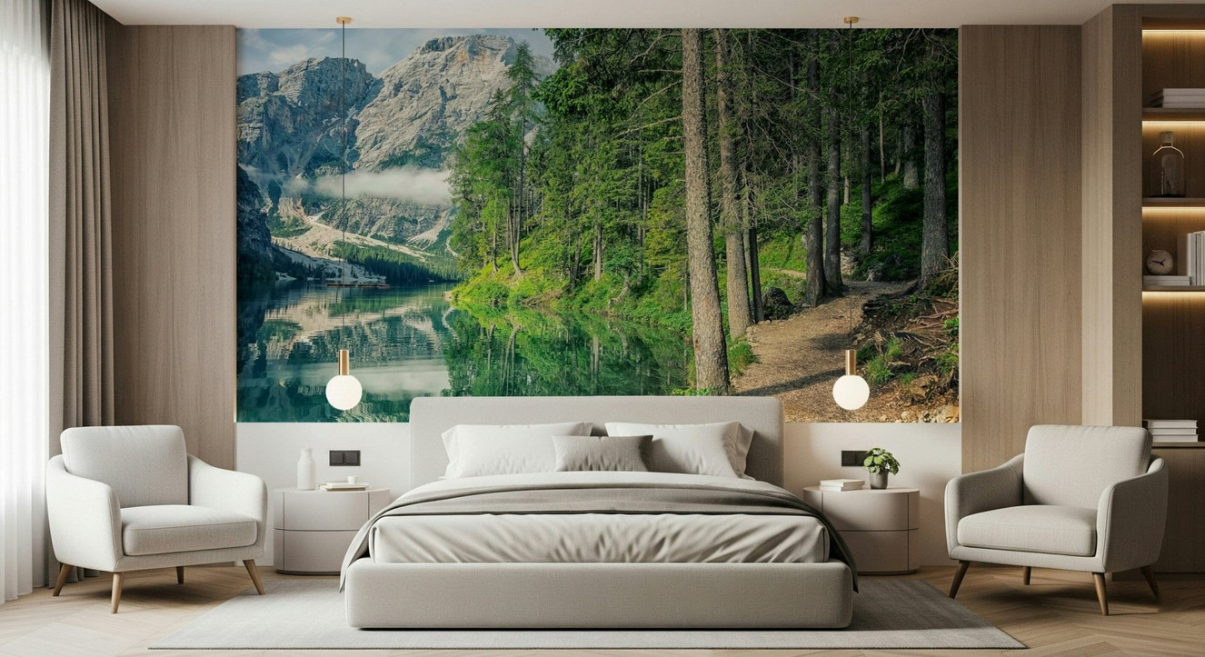 South Tyrol mountain wallpaper showing alpine lake, forest trail, and calm nature scenery