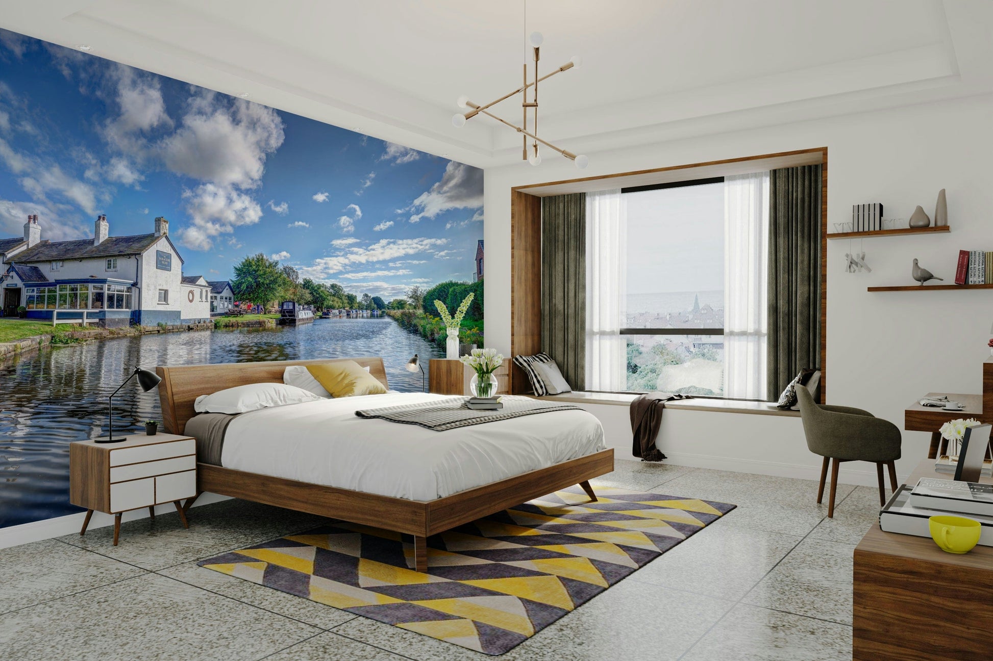 A high-angle view of the wall mural in a large space.

