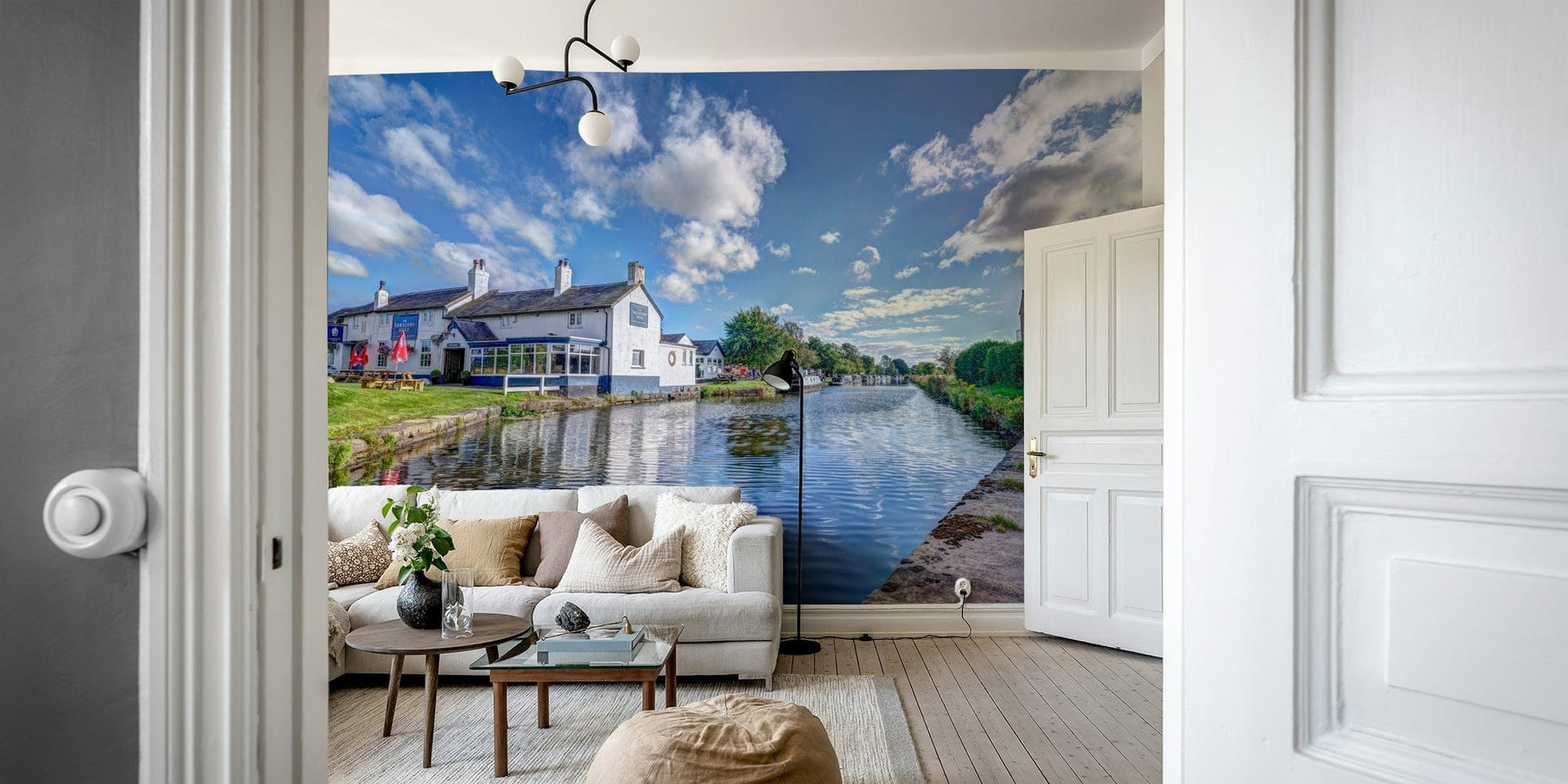 A beautiful, scenic wall mural of a canalside pub in Southport.

