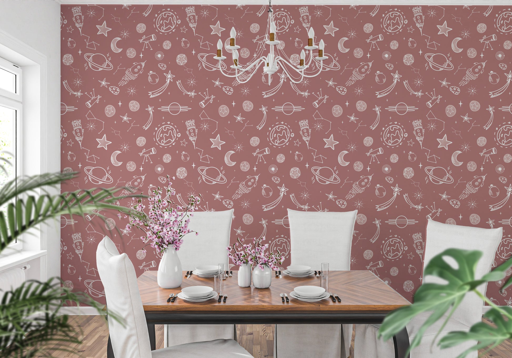 Create a serene space with Space Voyage Rose Wallpaper
