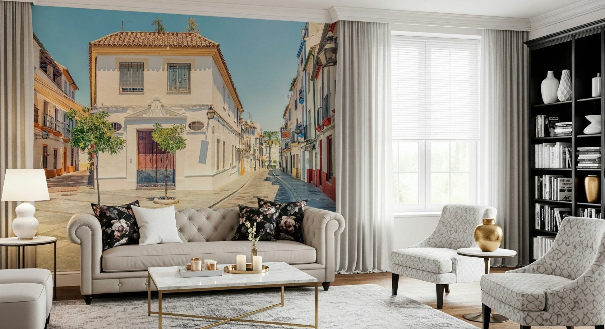 Historical Spanish Street Charm wallpaper mural featuring antique lanterns.