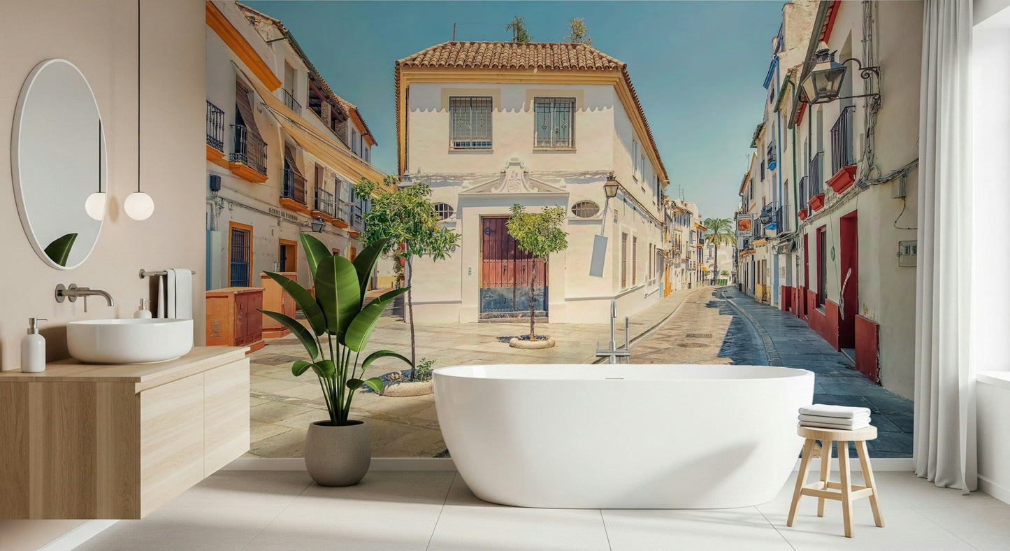 Spanish Street Charm mural depicting peaceful Spanish town square.