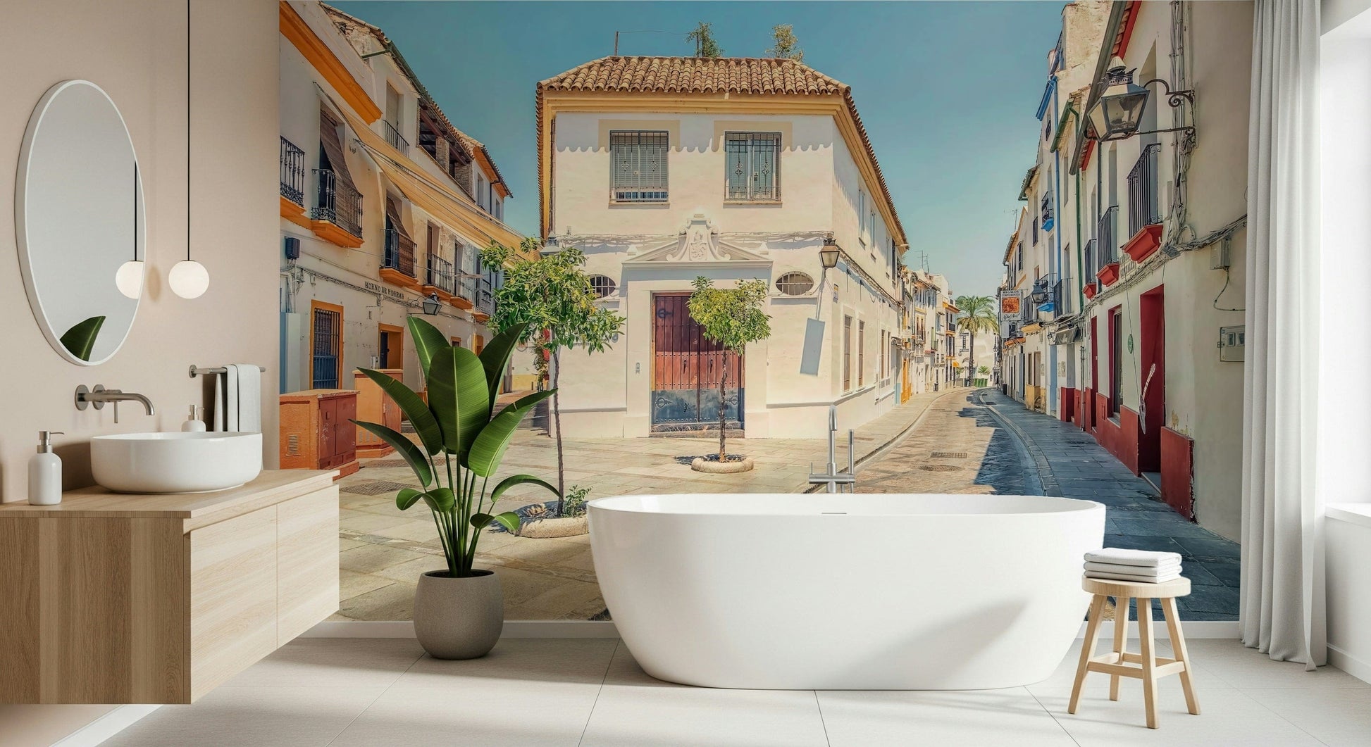 Spanish Street Charm mural depicting peaceful Spanish town square.